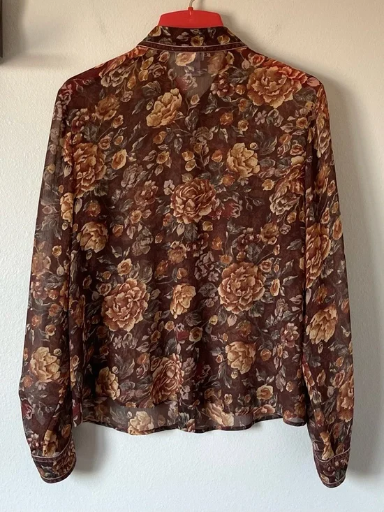 Vintage Coldwater Creek Floral Blouse - Velvet Trim & Sheer Fabric - Size Large - Picture 5 of 7